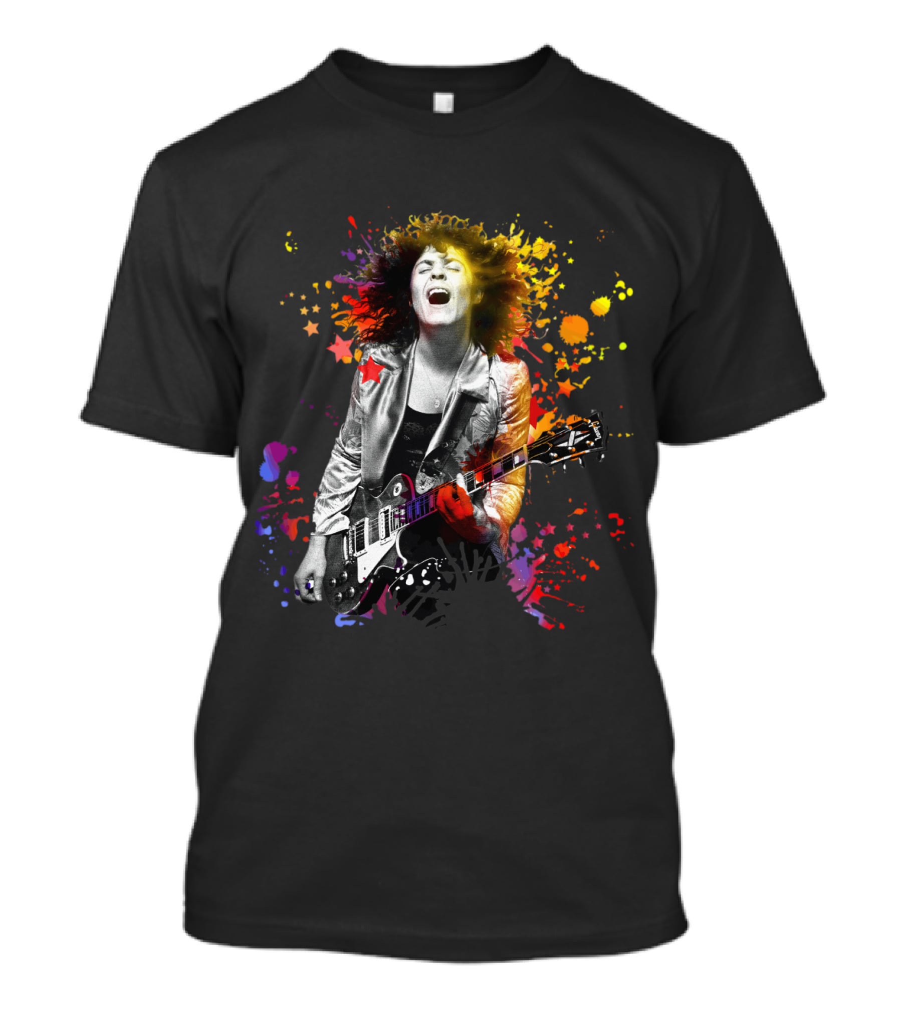 Vibrant Rock Guitarist With Colorful Splatter Explosion T-Shirt