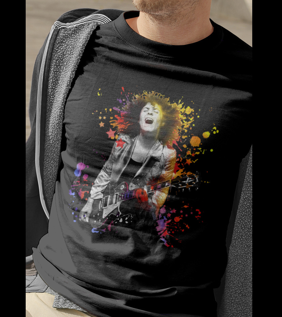 Vibrant Rock Guitarist With Colorful Splatter Explosion T-Shirt