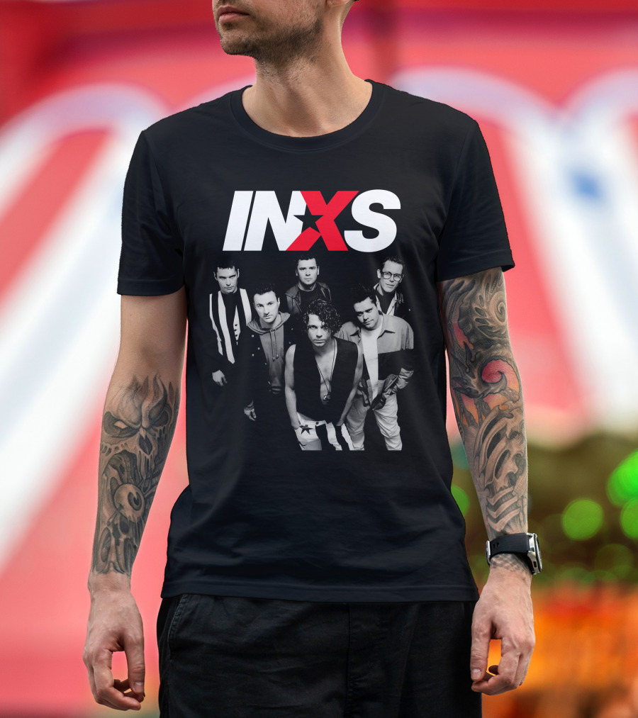 Inxs Band Black And White Group Photo With Red T-Shirt