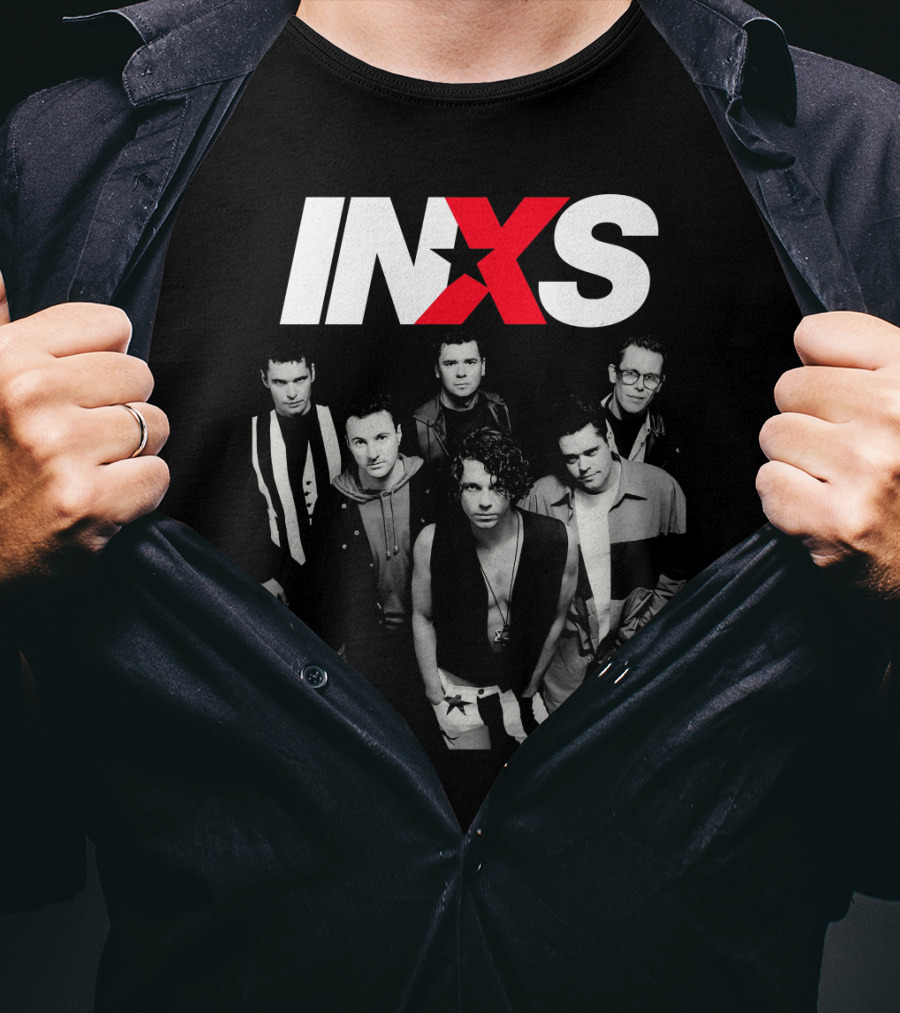 Inxs Band Black And White Group Photo With Red T-Shirt