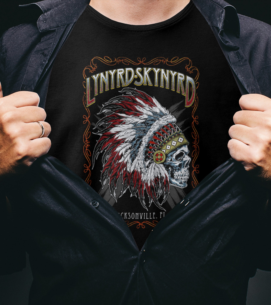 Lynyrd Skynyrd Jacksonville Fl Native Headdress Skull T-Shirt