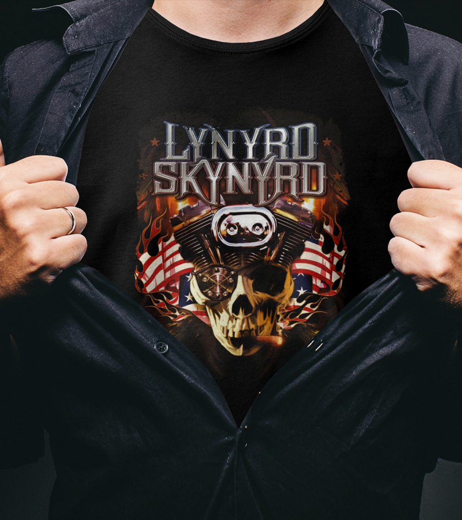 Lynyrd Skynyrd Motorcycle Engine Skull With American Flag Flames T-Shirt