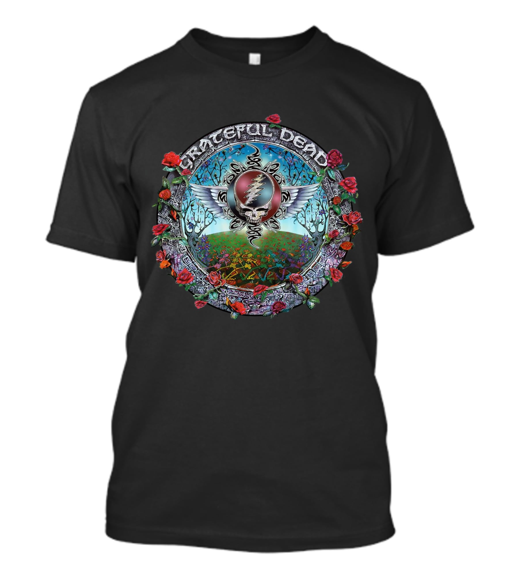 Grateful Dead Winged Steal Your Face Skull With Roses And Psychedelic Nature Scene T-Shirt