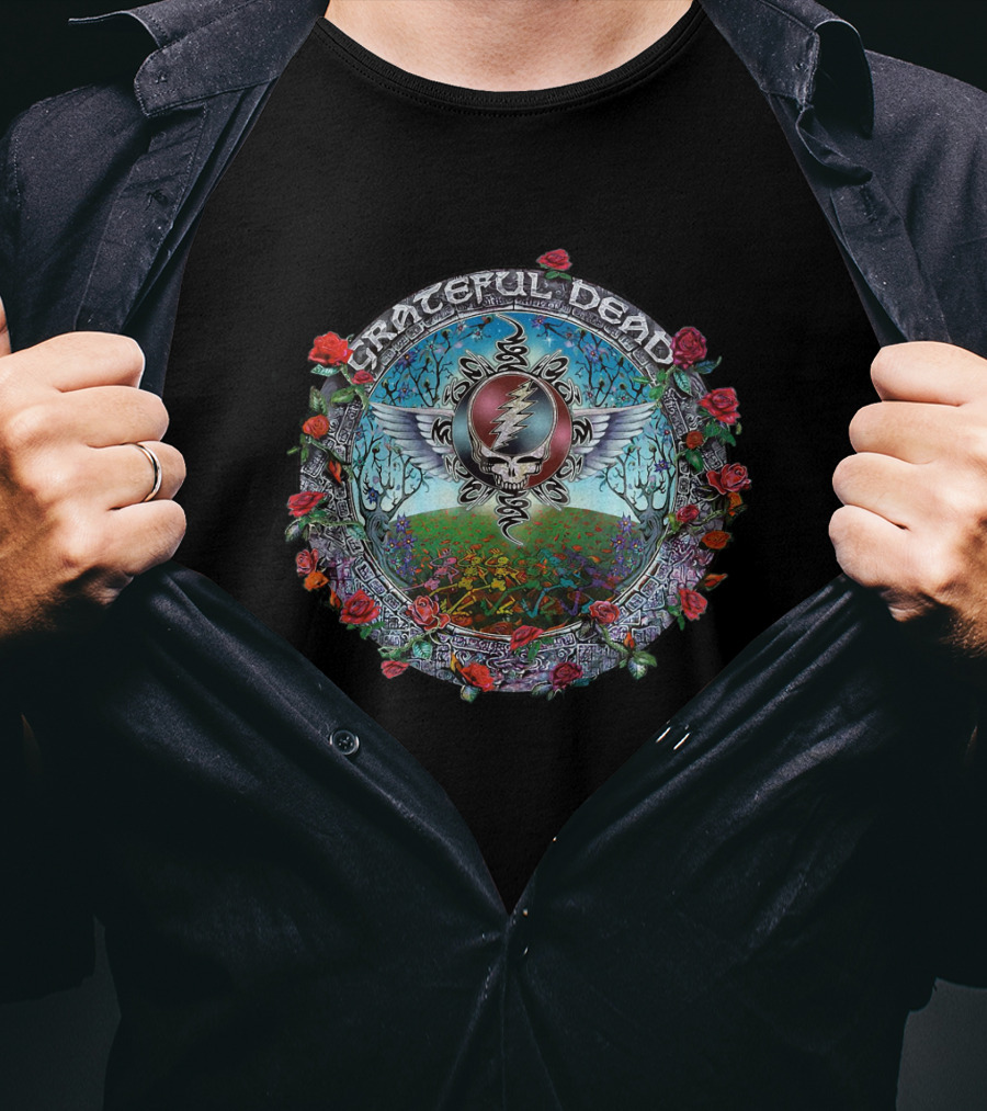 Grateful Dead Winged Steal Your Face Skull With Roses And Psychedelic Nature Scene T-Shirt