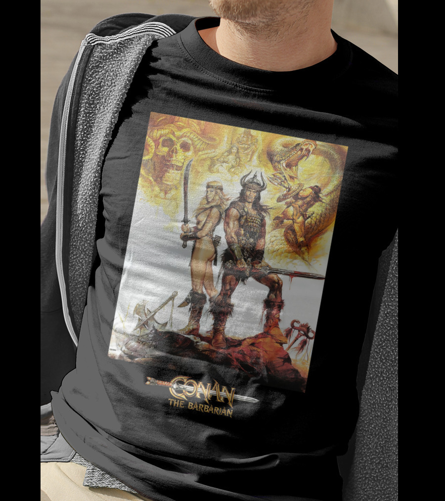 Conan The Barbarian Sword Skulls Warrior Fantasy Art T-Shirt