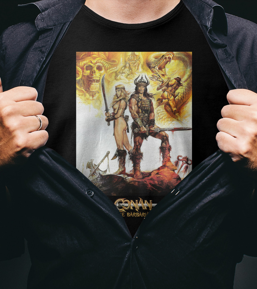 Conan The Barbarian Sword Skulls Warrior Fantasy Art T-Shirt