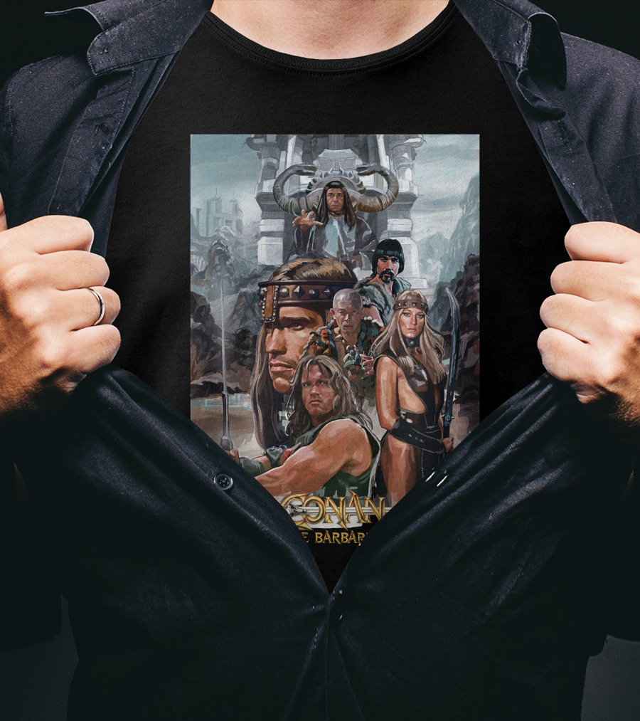 Conan The Barbarian Movie Characters Collage - Sword And Fortress T-Shirt