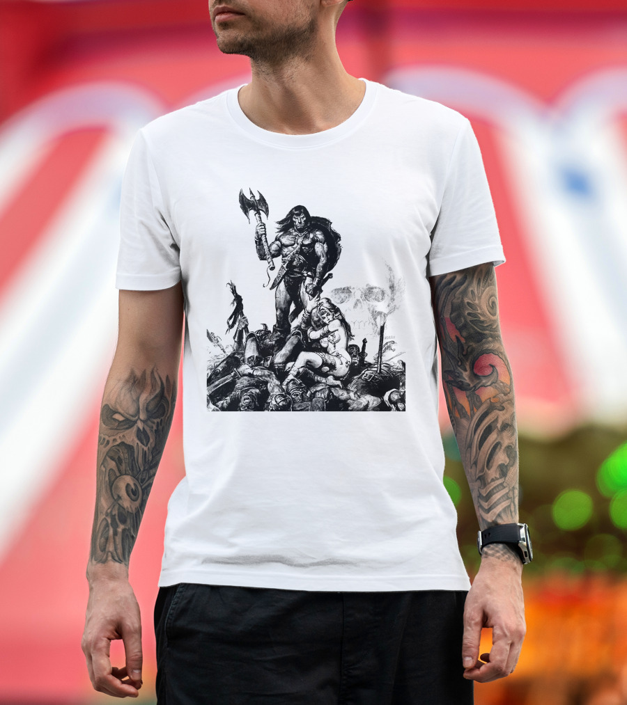 Conan Barbarian Warrior Standing on Battlefield with Axe and Skull in Background T-Shirt