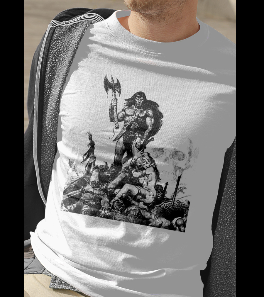 Conan Barbarian Warrior Standing On Battlefield With Axe And Skull In Background T-Shirt