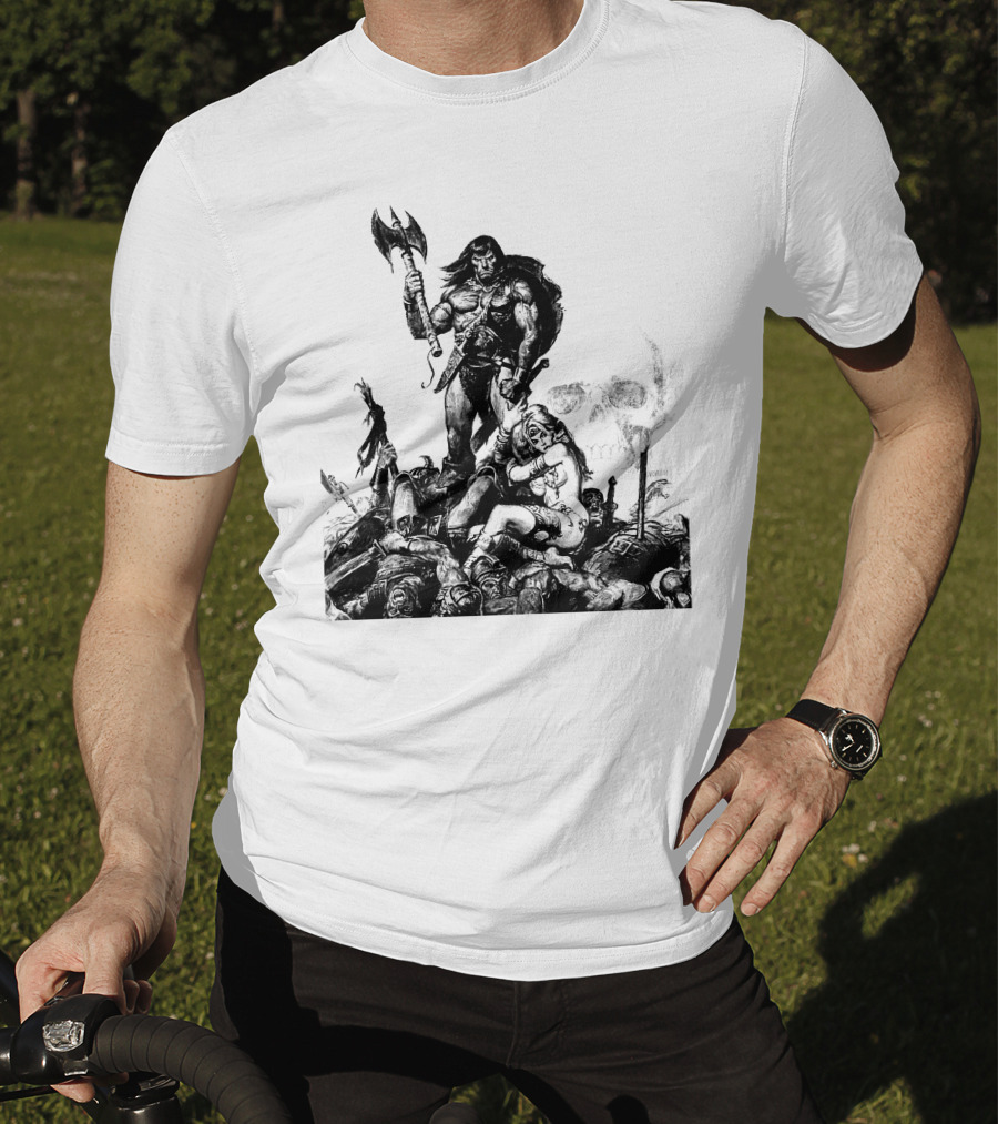 Conan Barbarian Warrior Standing On Battlefield With Axe And Skull In Background T-Shirt