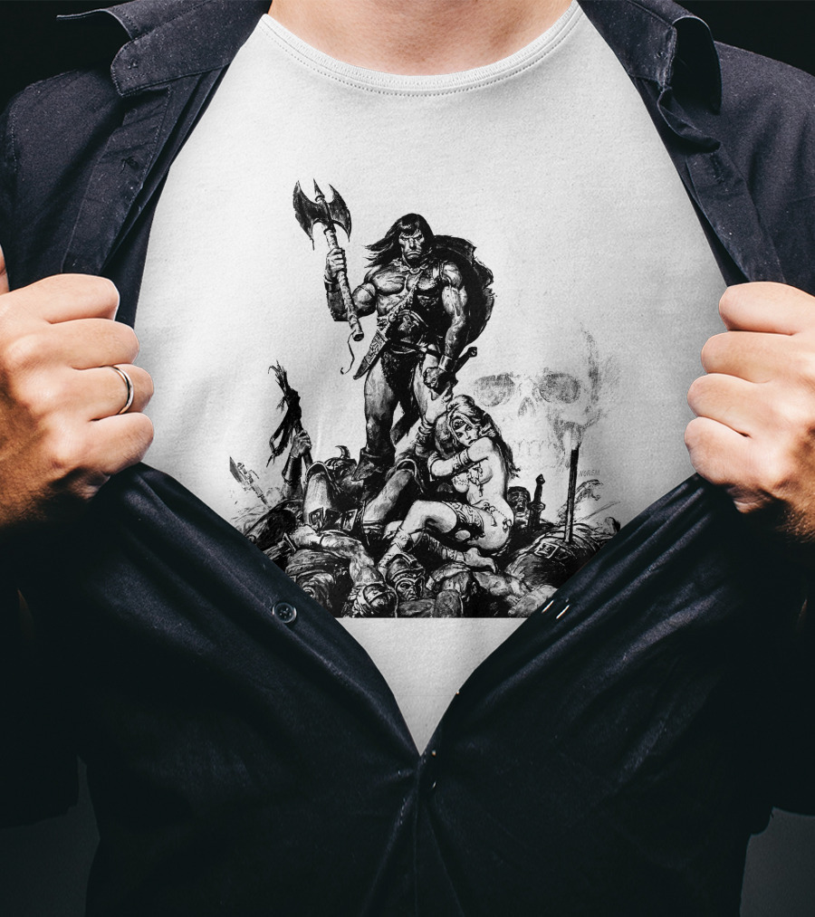 Conan Barbarian Warrior Standing On Battlefield With Axe And Skull In Background T-Shirt