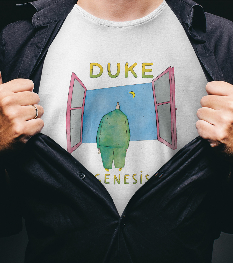 Duke Genesis Album Artwork Blue Figurine With Open Window And Crescent Moon T-Shirt