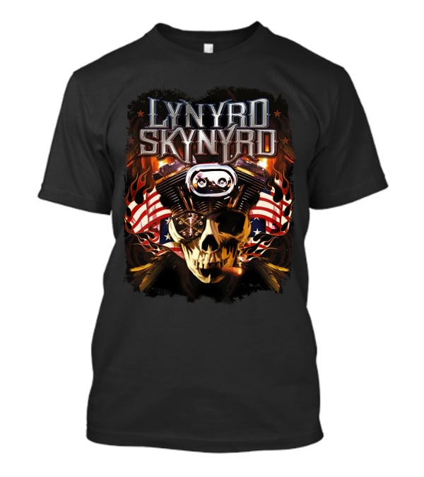 Lynyrd Skynyrd Skull Engine American Flag Flames T-Shirt