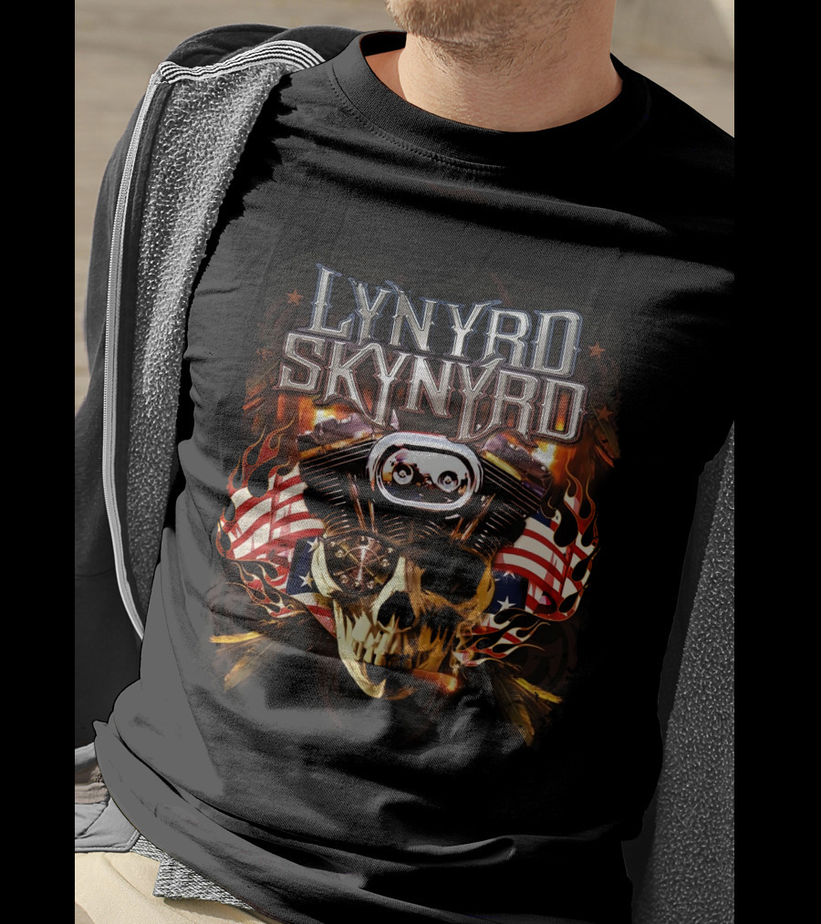 Lynyrd Skynyrd Skull Engine American Flag Flames T-Shirt