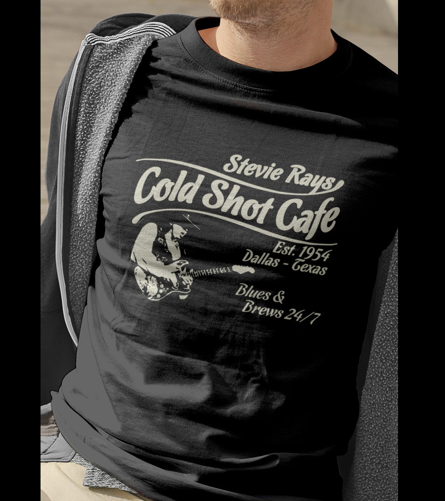 Stevie Rays Cold Shot Cafe Est. 1954 Dallas Texas Blues & Brews 24/7 T-Shirt