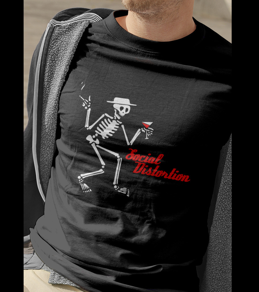 Sdt 17 Social Distortion Skeleton Smoking And Drinking Martini T-Shirt