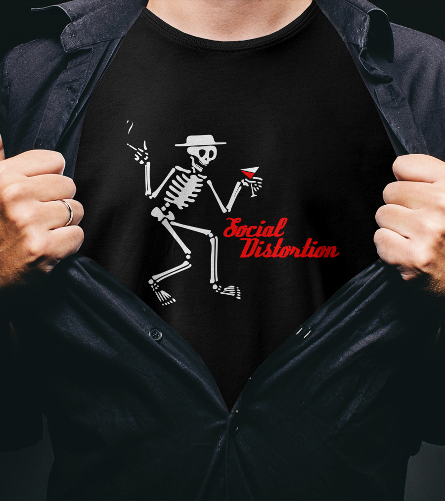 Sdt 17 Social Distortion Skeleton Smoking And Drinking Martini T-Shirt