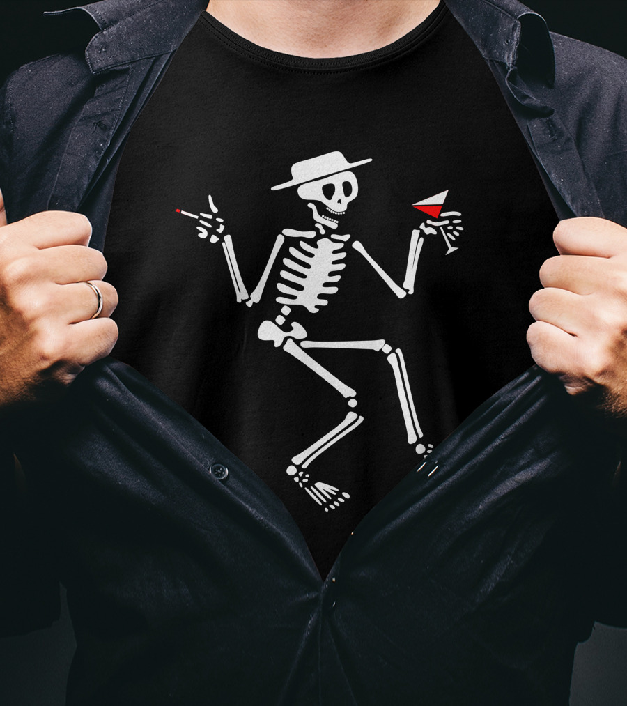 Sdt (28) Skeleton With Hat Smoking And Drinking Martini Iconic Symbol T-Shirt
