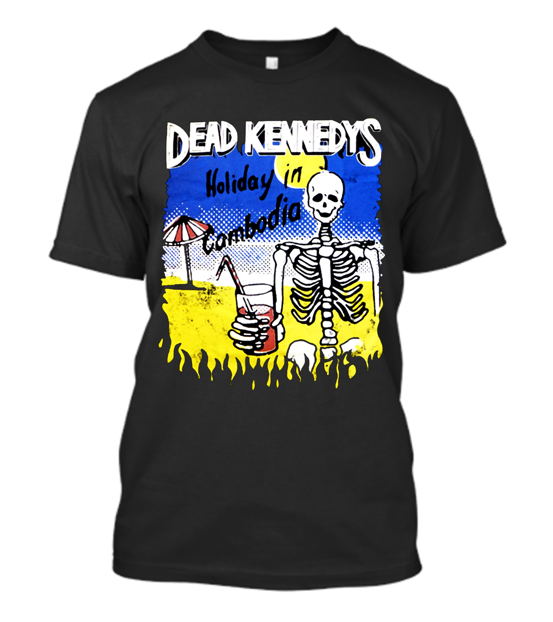 Dead Kennedys Holiday In Cambodia Skeleton Drink Umbrella Scene T-Shirt