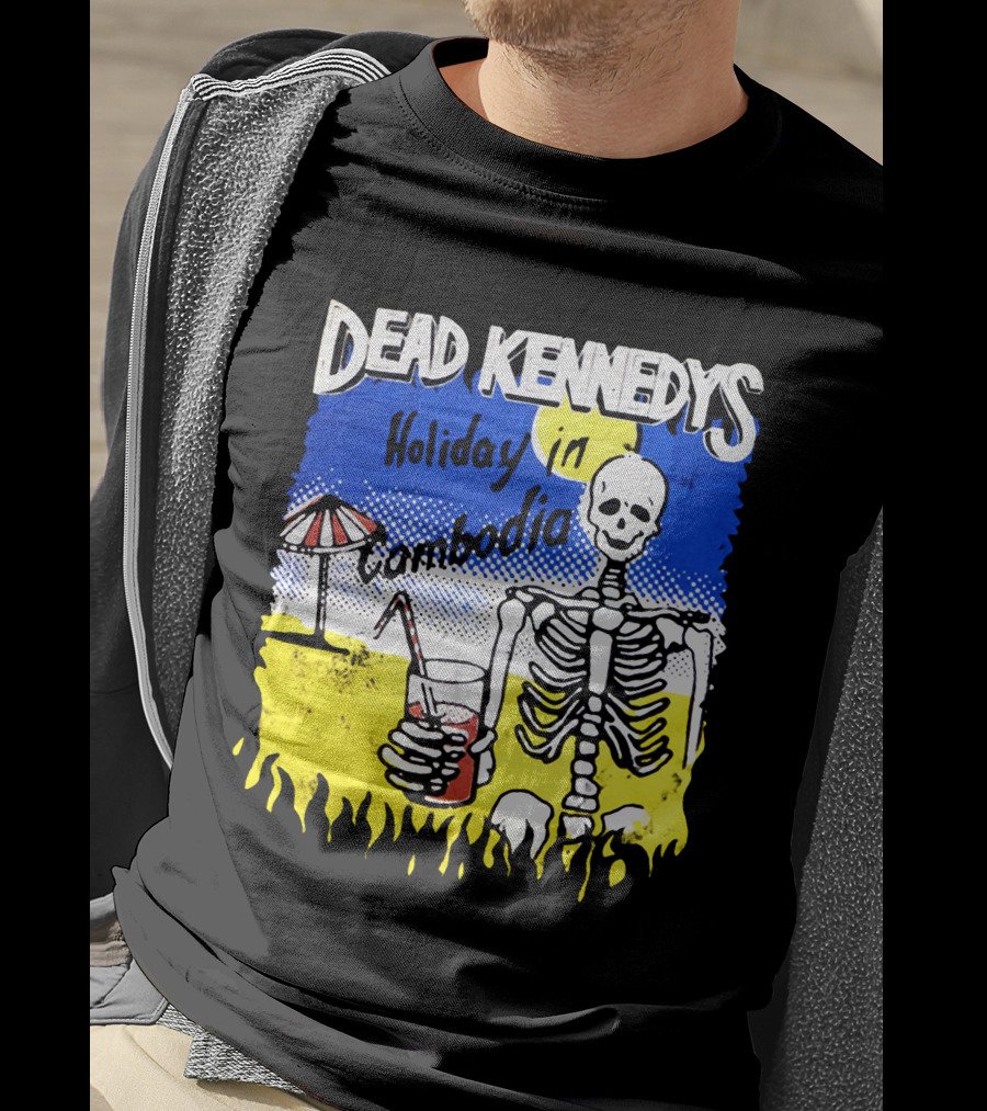Dead Kennedys Holiday In Cambodia Skeleton Drink Umbrella Scene T-Shirt