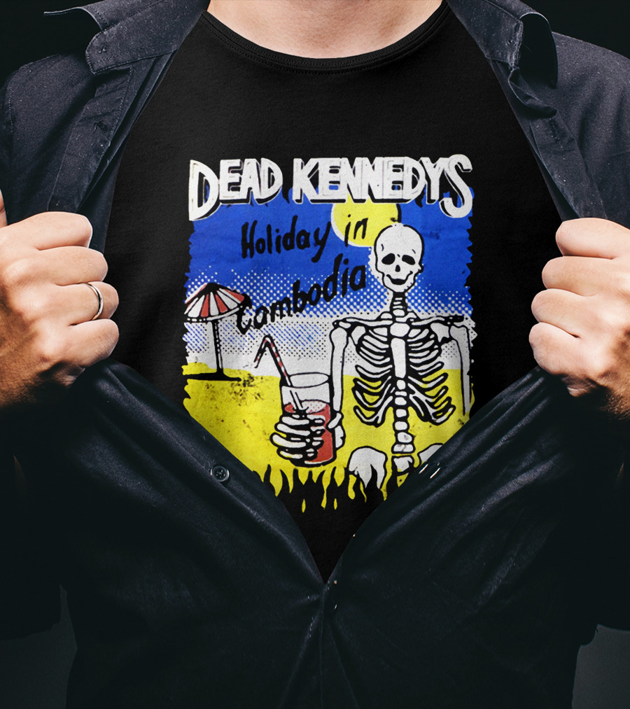Dead Kennedys Holiday In Cambodia Skeleton Drink Umbrella Scene T-Shirt
