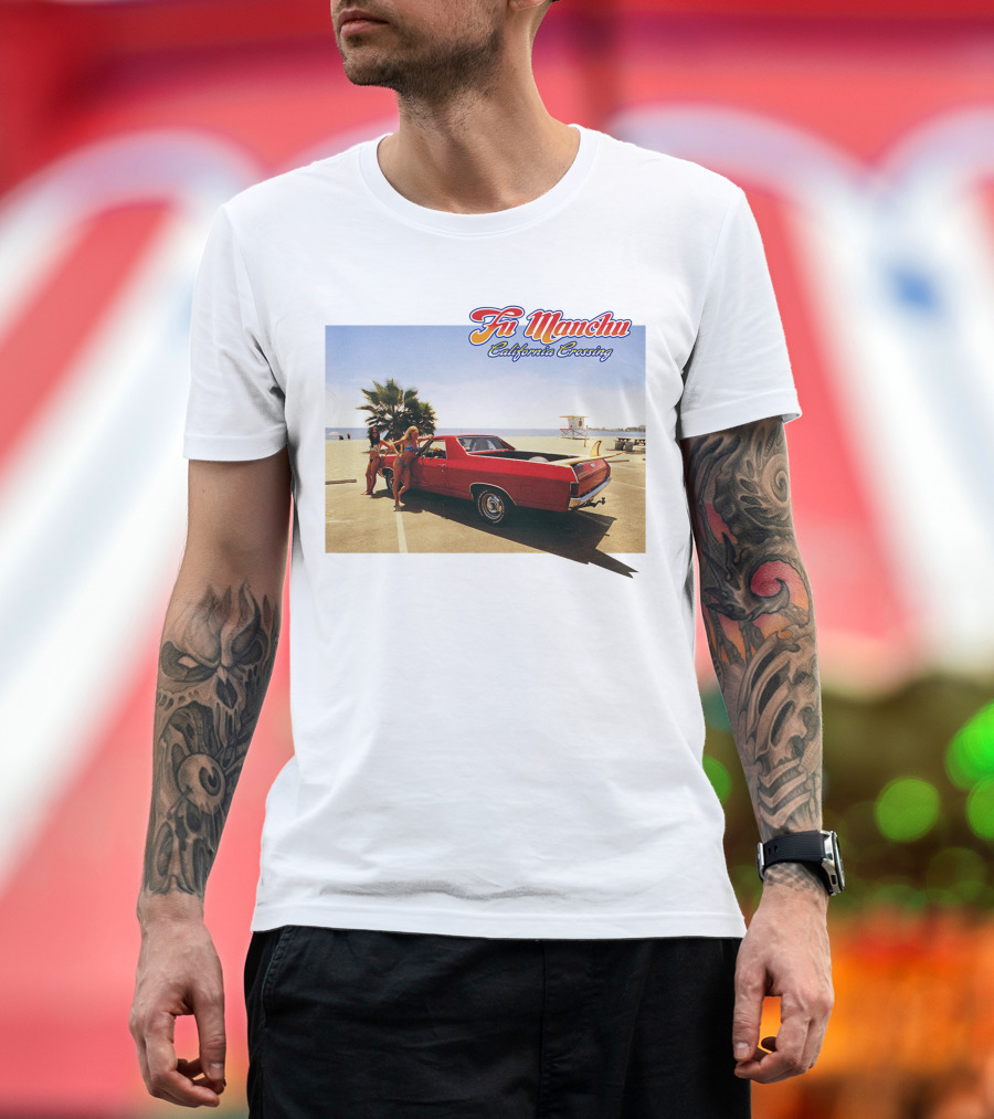 Fu Manchu California Crossing Red Car Beach Scene T-Shirt