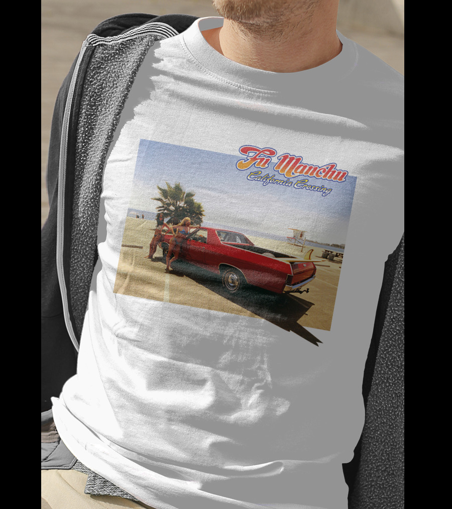 Fu Manchu California Crossing Red Car Beach Scene T-Shirt