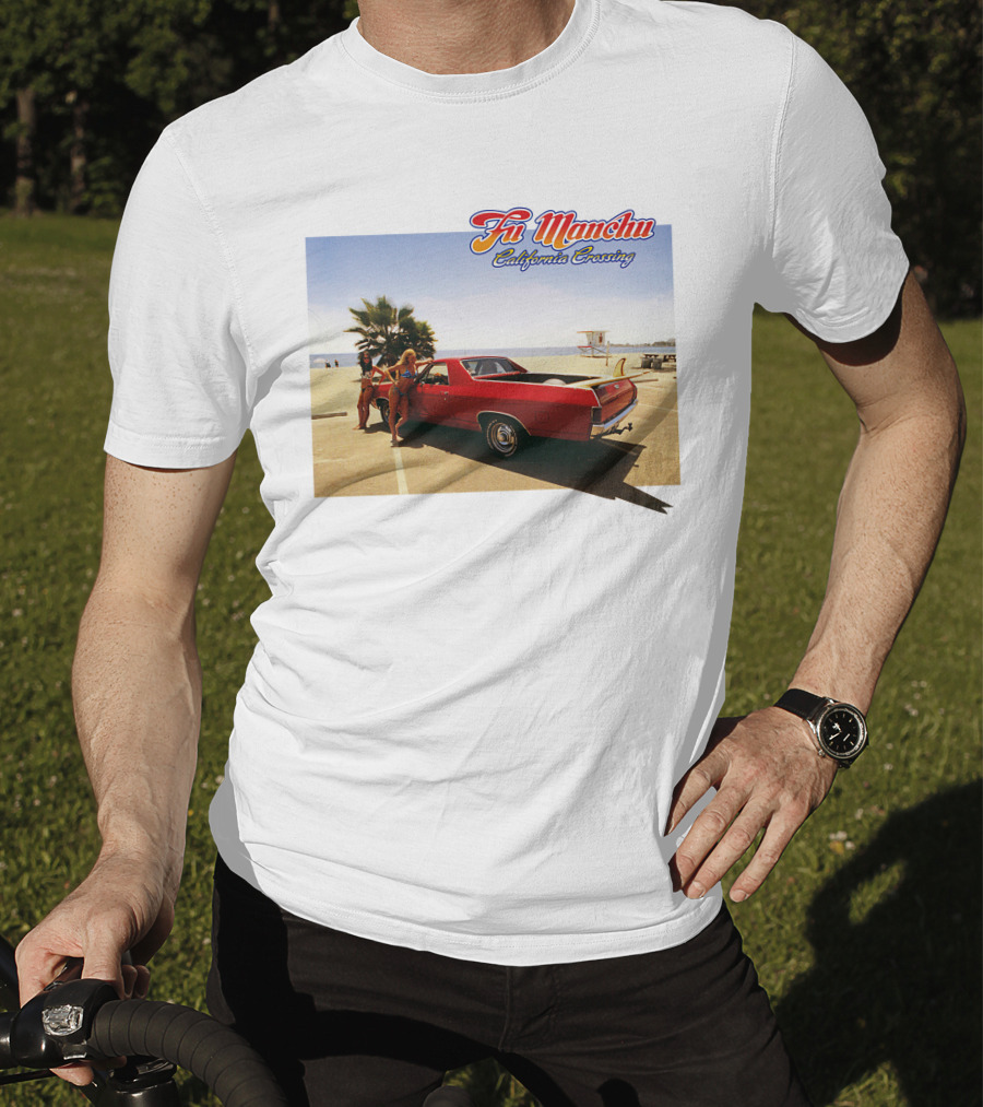 Fu Manchu California Crossing Red Car Beach Scene T-Shirt