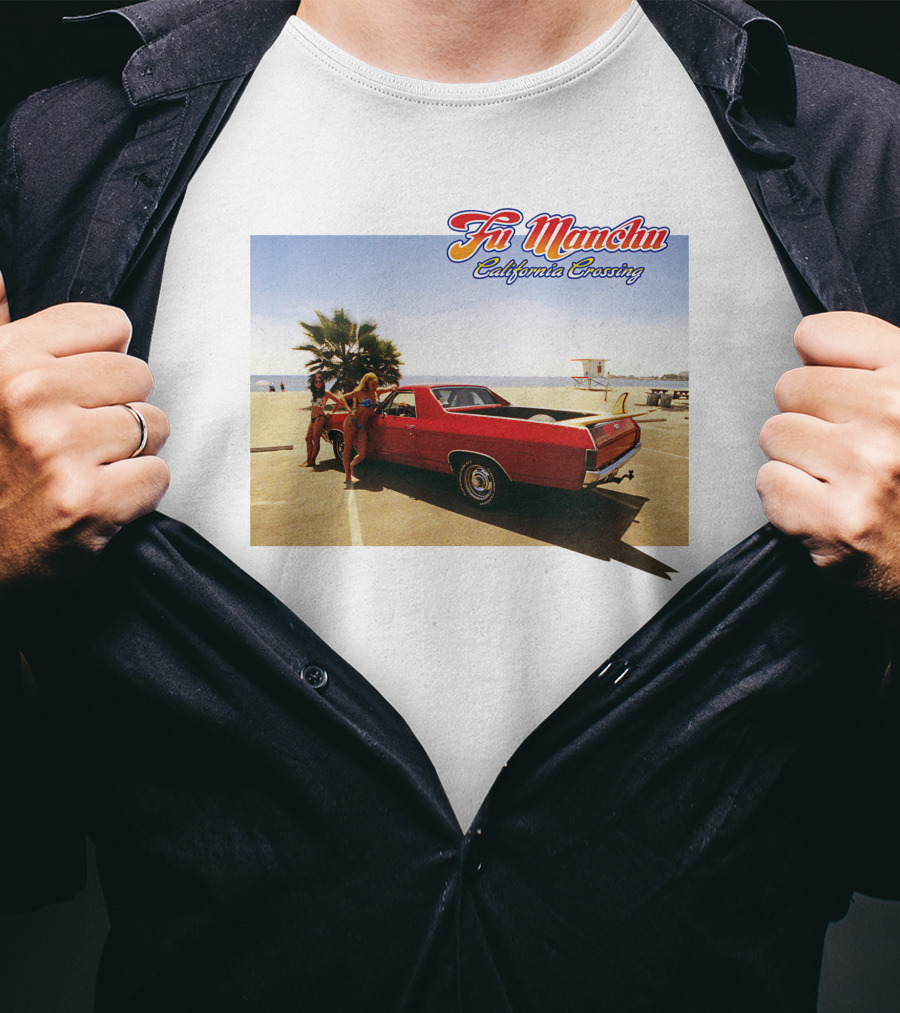 Fu Manchu California Crossing Red Car Beach Scene T-Shirt