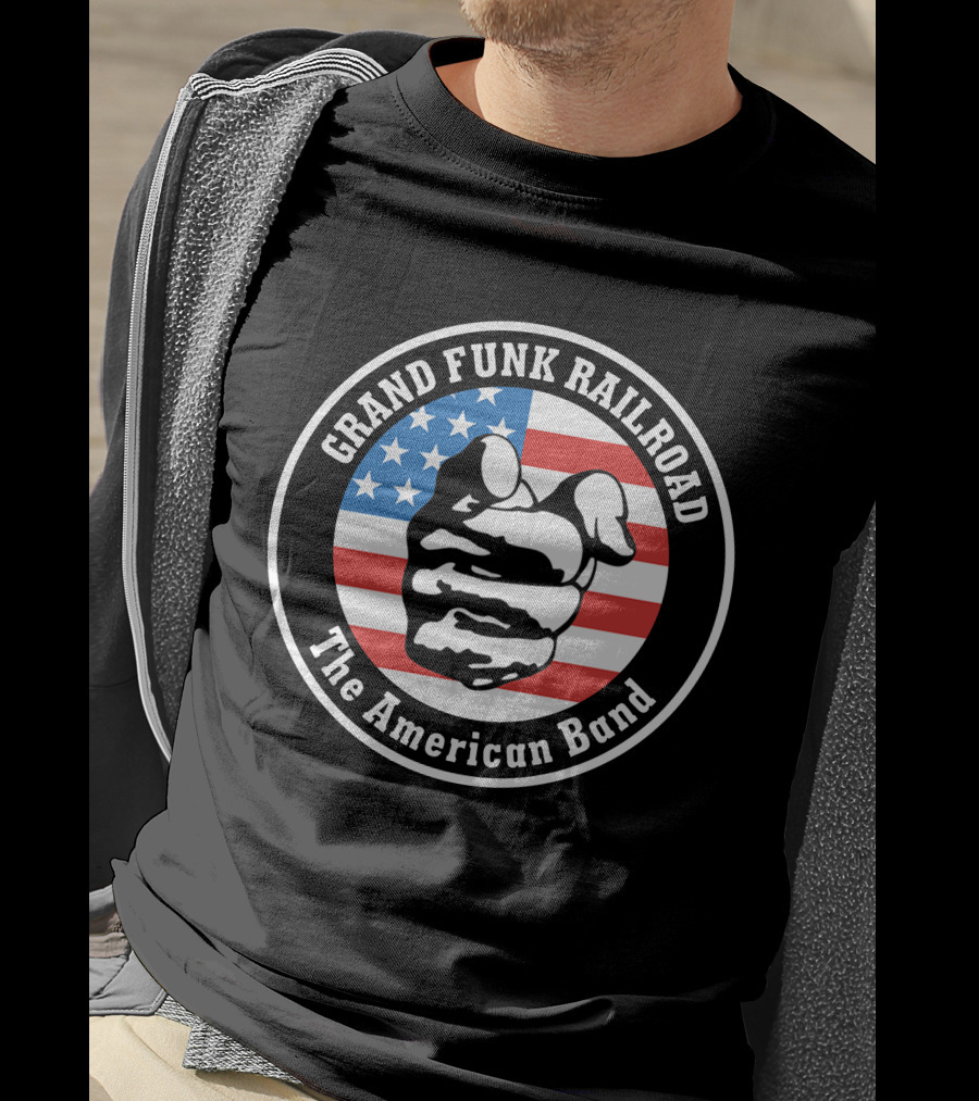 Grand Funk Railroad The American Band Logo With Pointing Hand On Usa Flag T-Shirt