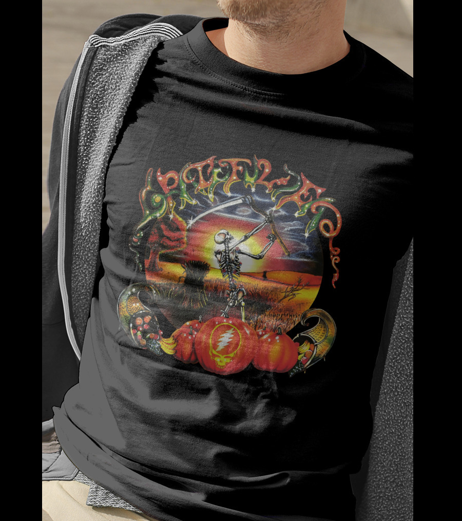 Grateful Dead Autumn Harvest Skeleton With Scythe And Pumpkins T-Shirt