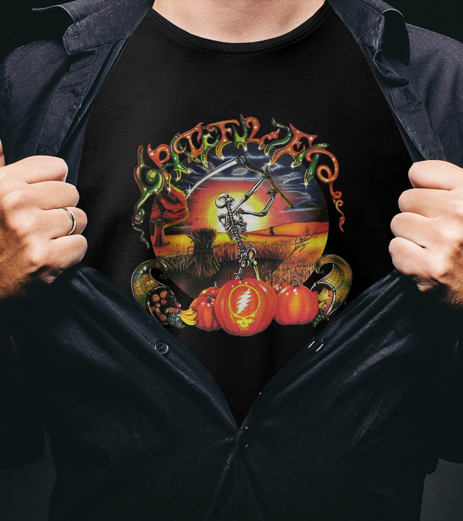 Grateful Dead Autumn Harvest Skeleton With Scythe And Pumpkins T-Shirt