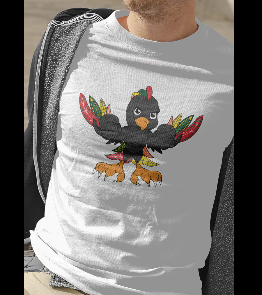Chicago Blackhawks 19 Angry Cartoon Bird With Colorful Feather Wings And Clenched Fists T-Shirt