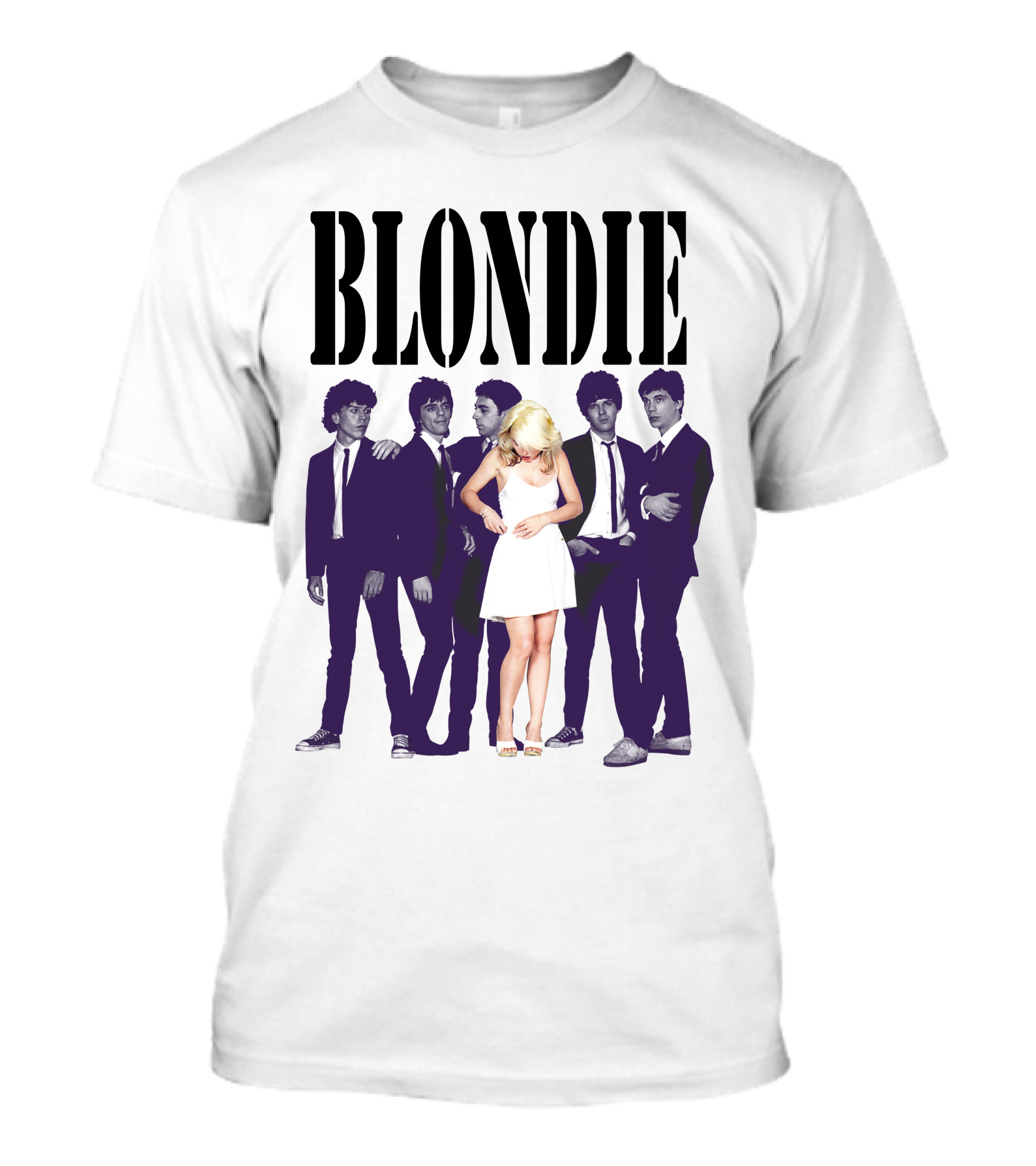 Blondie Band Classic Group Pose Black And White Borderline White Dress T-Shirt