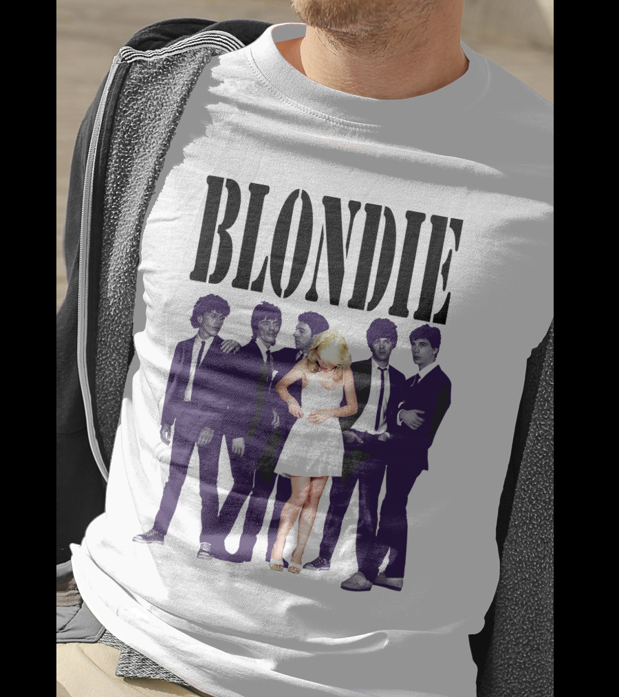 Blondie Band Classic Group Pose Black And White Borderline White Dress T-Shirt