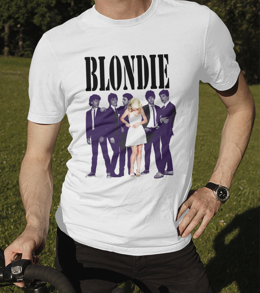 Blondie Band Classic Group Pose Black And White Borderline White Dress T-Shirt
