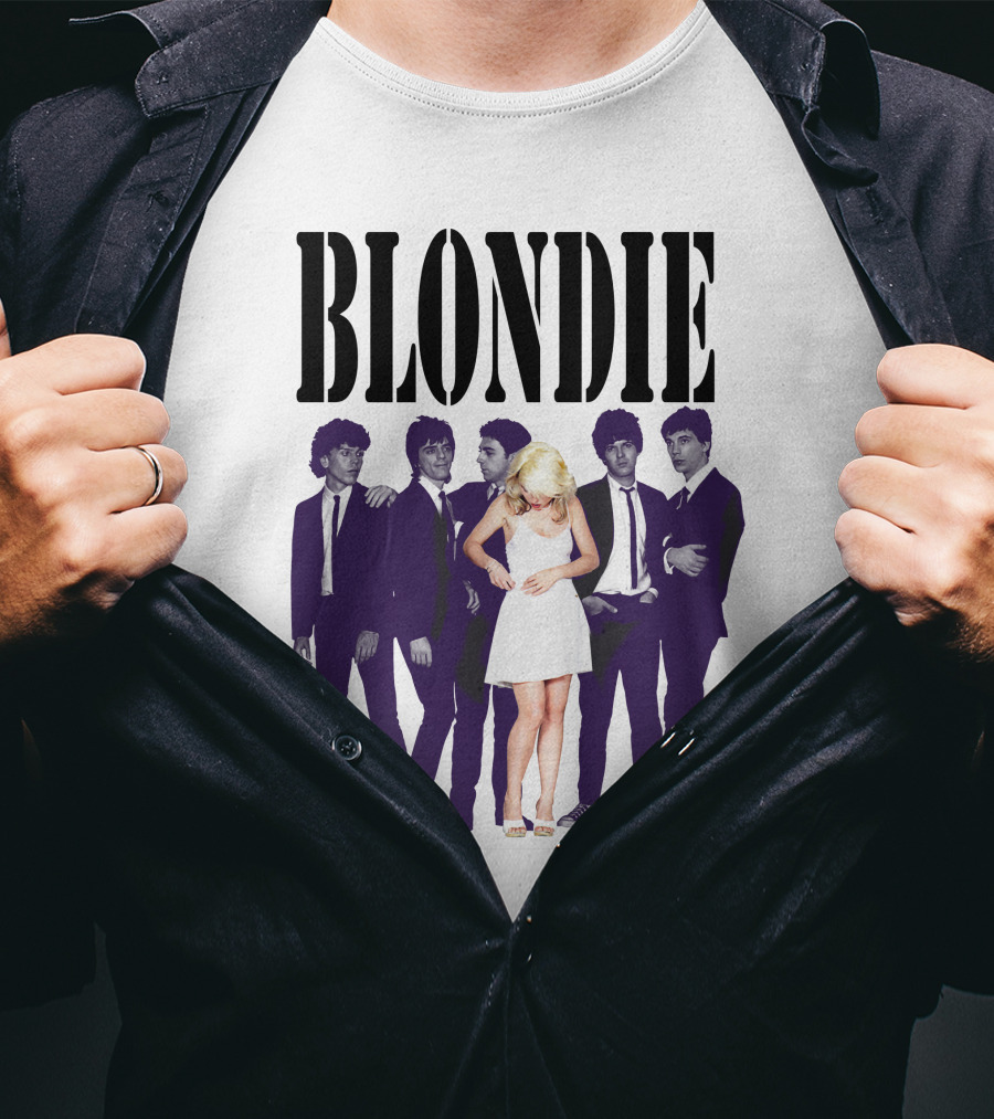 Blondie Band Classic Group Pose Black And White Borderline White Dress T-Shirt