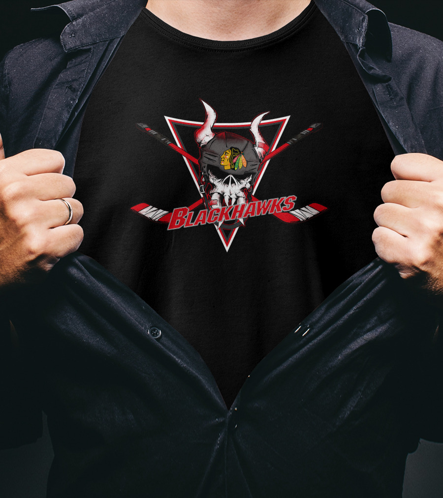 Blackhawks Skull Viking Helmet Iconic Hockey Sticks Red Triangle T-Shirt