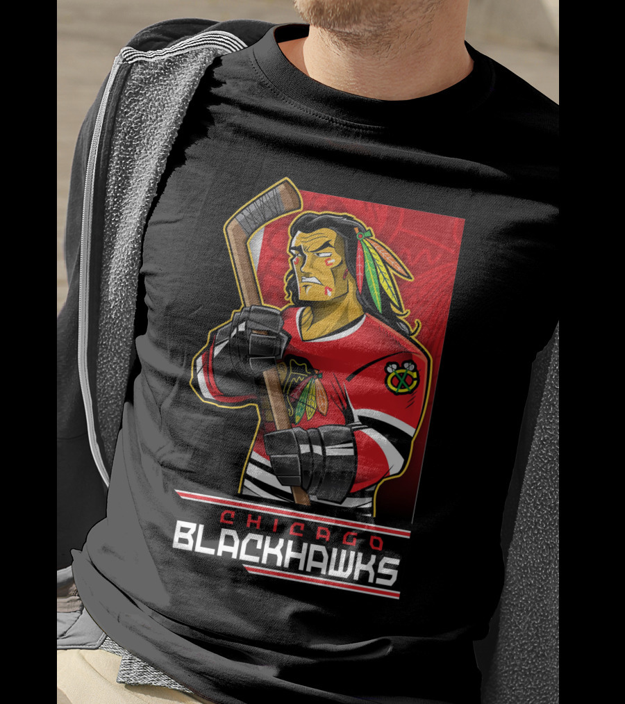 Chicago Blackhawks Hockey Player With Logo And Feathered Headdress T-Shirt