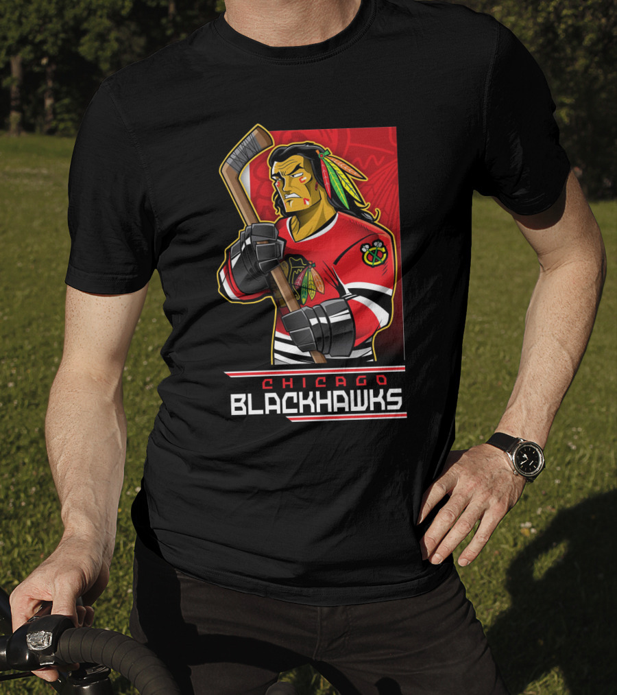 Chicago Blackhawks Hockey Player With Logo And Feathered Headdress T-Shirt