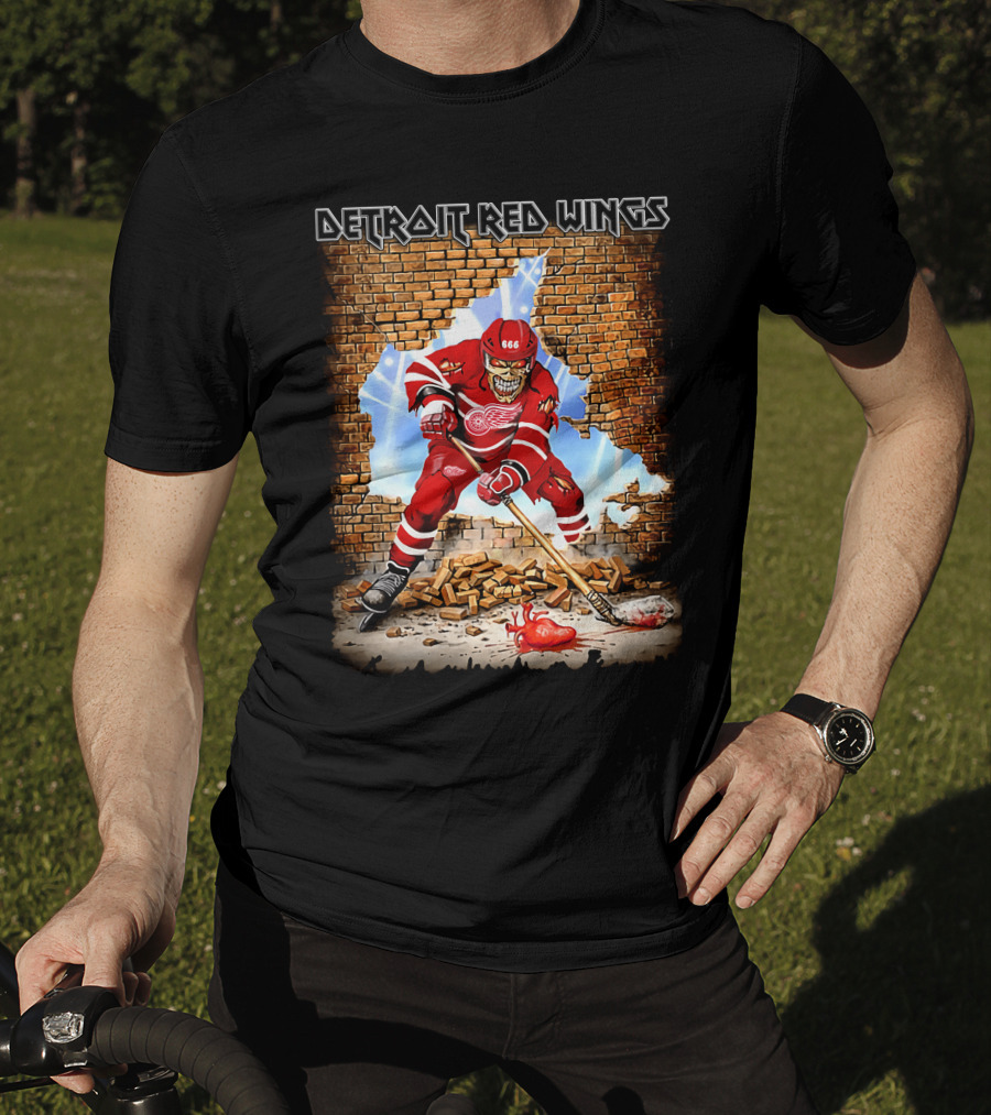 Detroit Red Wings Brick Wall Skeleton Hockey Player With Red Jersey And Ice Stick T-Shirt