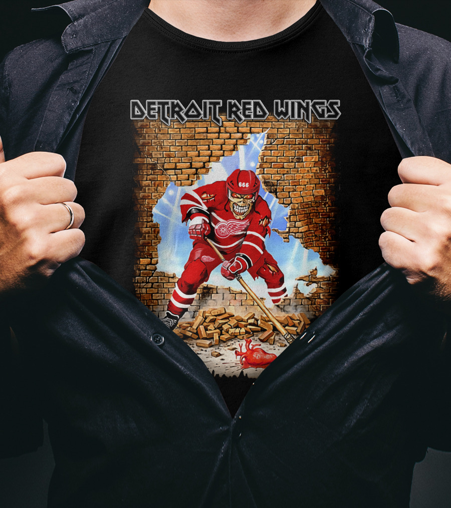 Detroit Red Wings Brick Wall Skeleton Hockey Player With Red Jersey And Ice Stick T-Shirt