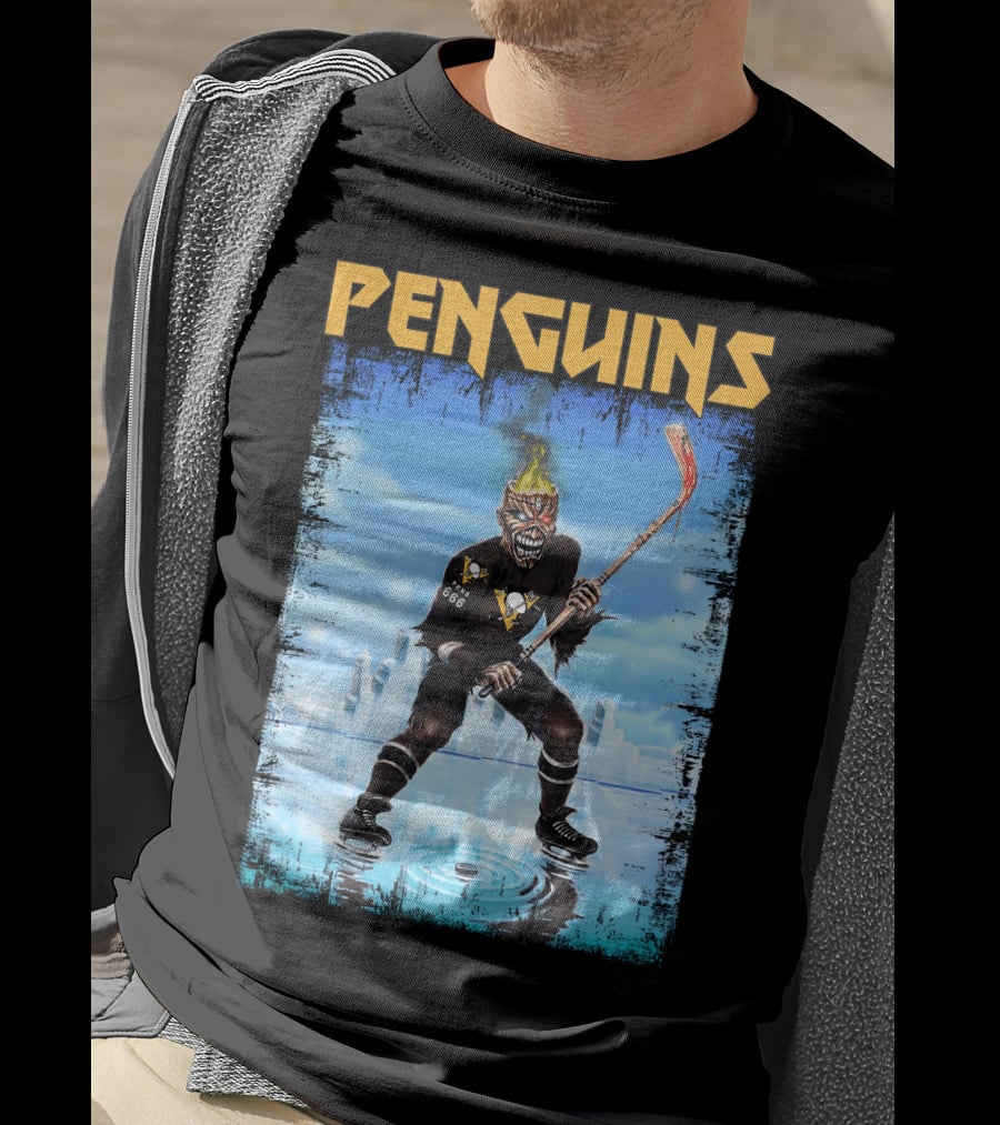 Penguins Hockey Skeleton With Flaming Skull And Hockey Stick In Pittsburgh Skyline T-Shirt