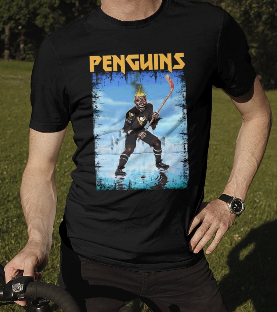 Penguins Hockey Skeleton With Flaming Skull And Hockey Stick In Pittsburgh Skyline T-Shirt