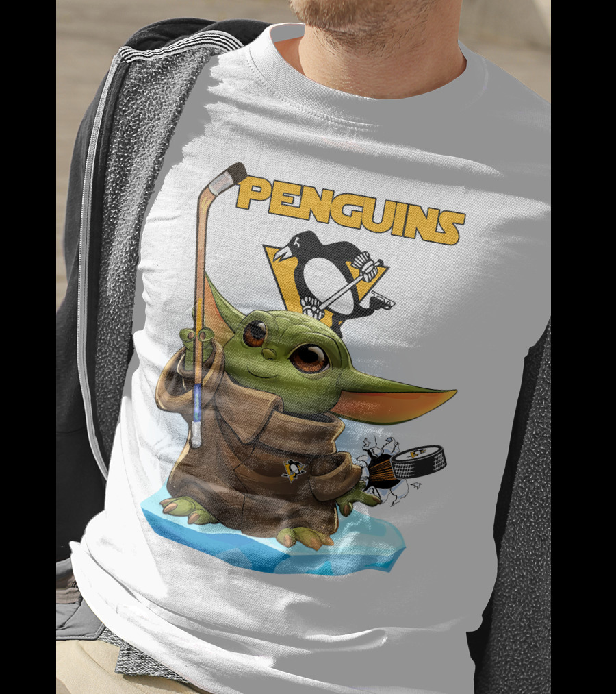 Baby Yoda Holding Hockey Stick With Pittsburgh Penguins T-Shirt