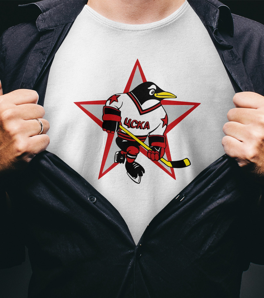 Цска Penguin Hockey Player With Red Star Ice Hockey Theme T-Shirt