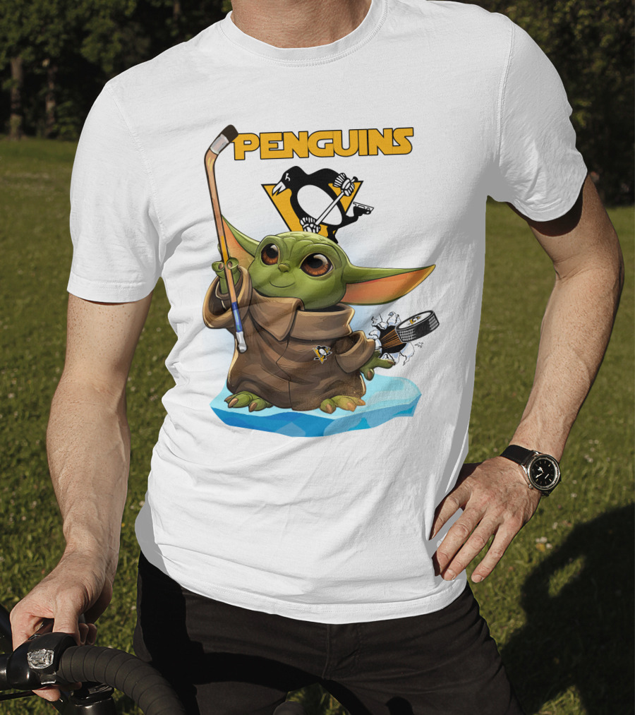 Baby Yoda Penguins Puck And Hockey Stick With Pittsburgh Penguins T-Shirt