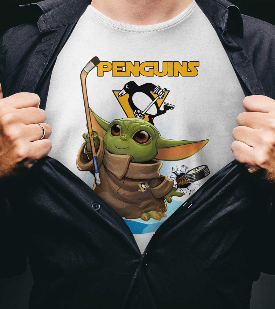 Baby Yoda Penguins Puck And Hockey Stick With Pittsburgh Penguins T-Shirt