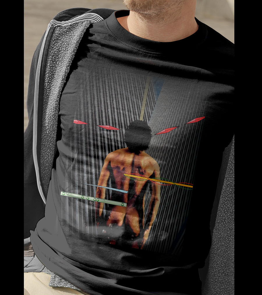 Naked Figure And Geometric Patterns With Vertical Lines And Red Shapes T-Shirt