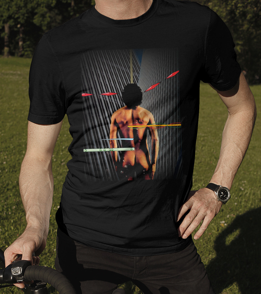 Naked Figure And Geometric Patterns With Vertical Lines And Red Shapes T-Shirt